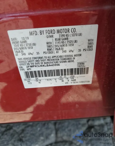 2020 Ford Edge Sel из США, поврежденный, VIN 2FMPK3J9XLBA43556